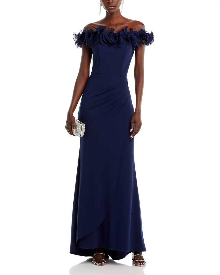 AQUA Ruffled Neck Evening Gown