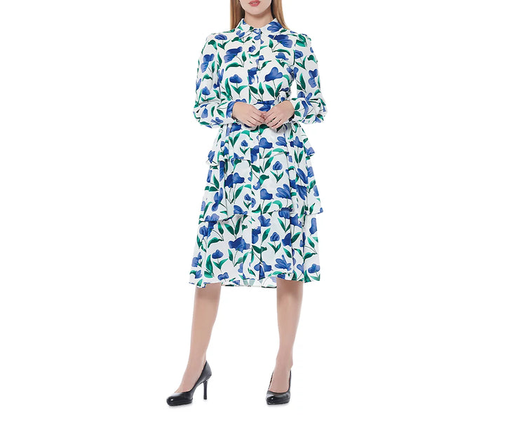 Gracia Floral Print Belted Tiered Shirt Dress