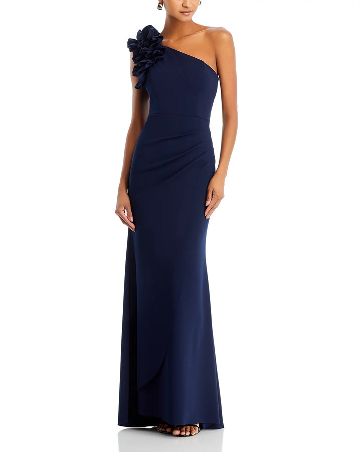 AQUA One Shoulder Ruffle Crepe Gown