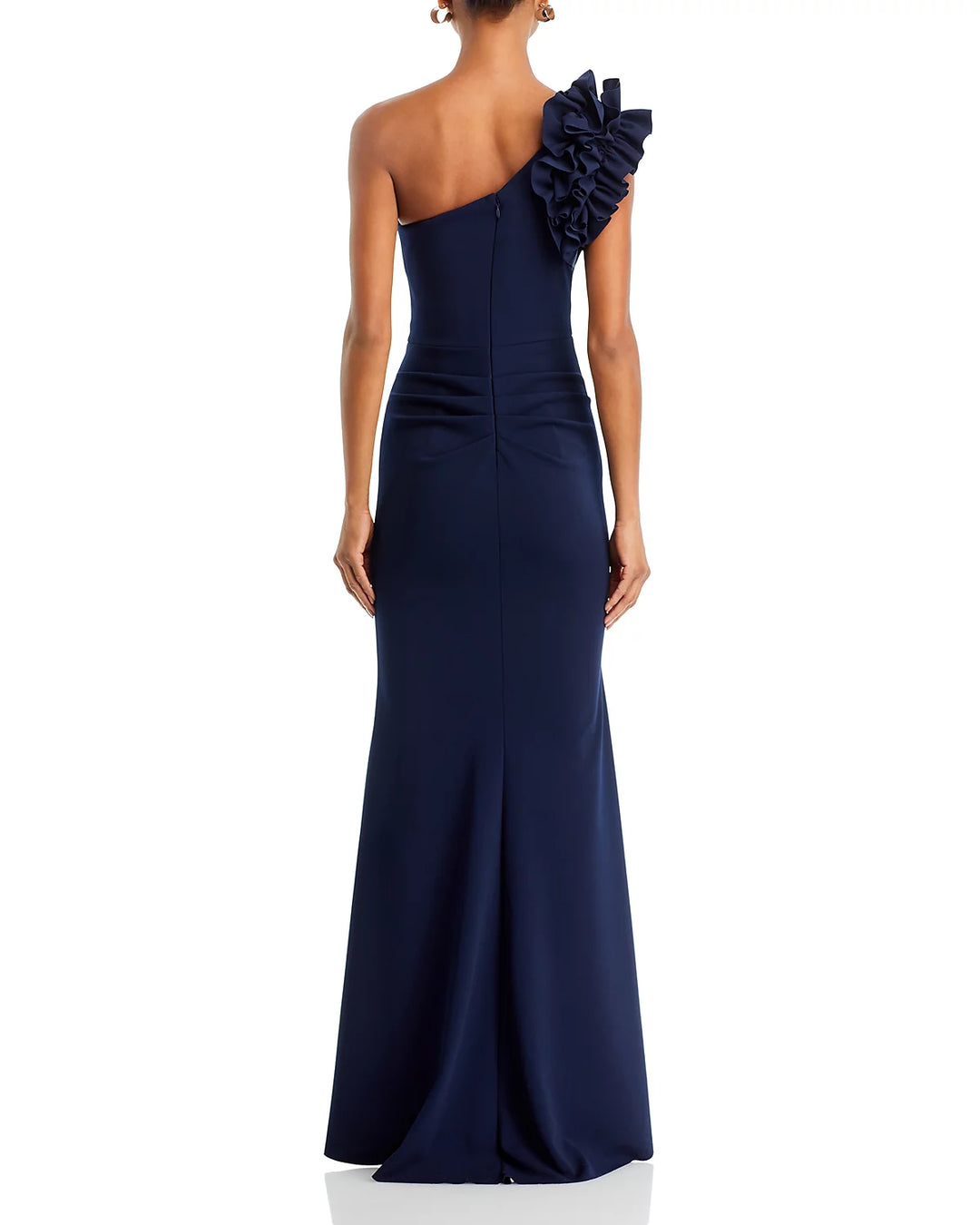 AQUA One Shoulder Ruffle Crepe Gown