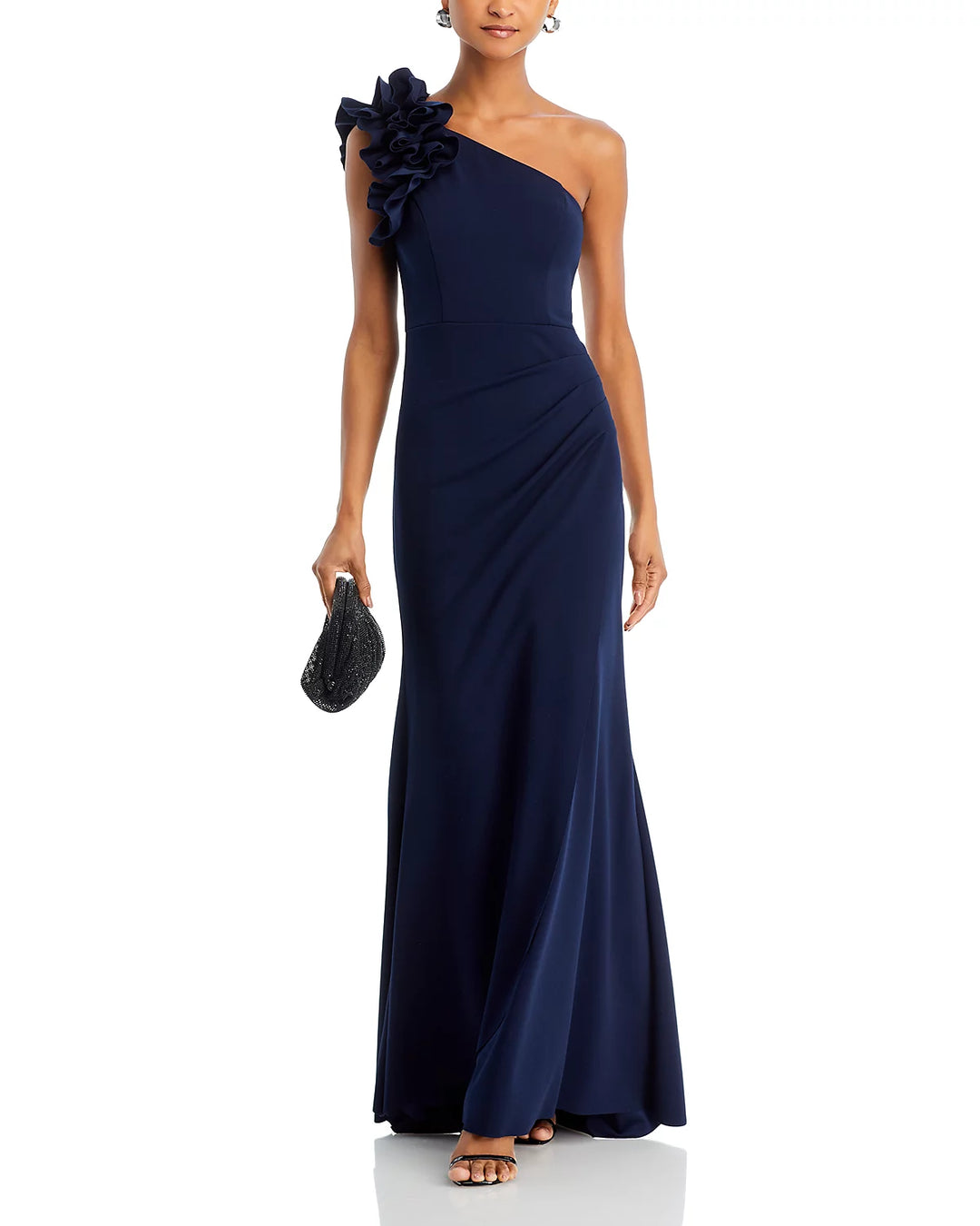 AQUA One Shoulder Ruffle Crepe Gown