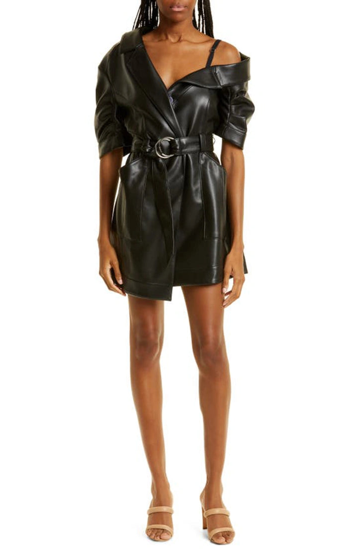 CINQ À SEPT Katie One-shoulder Belted Faux Leather Minidress