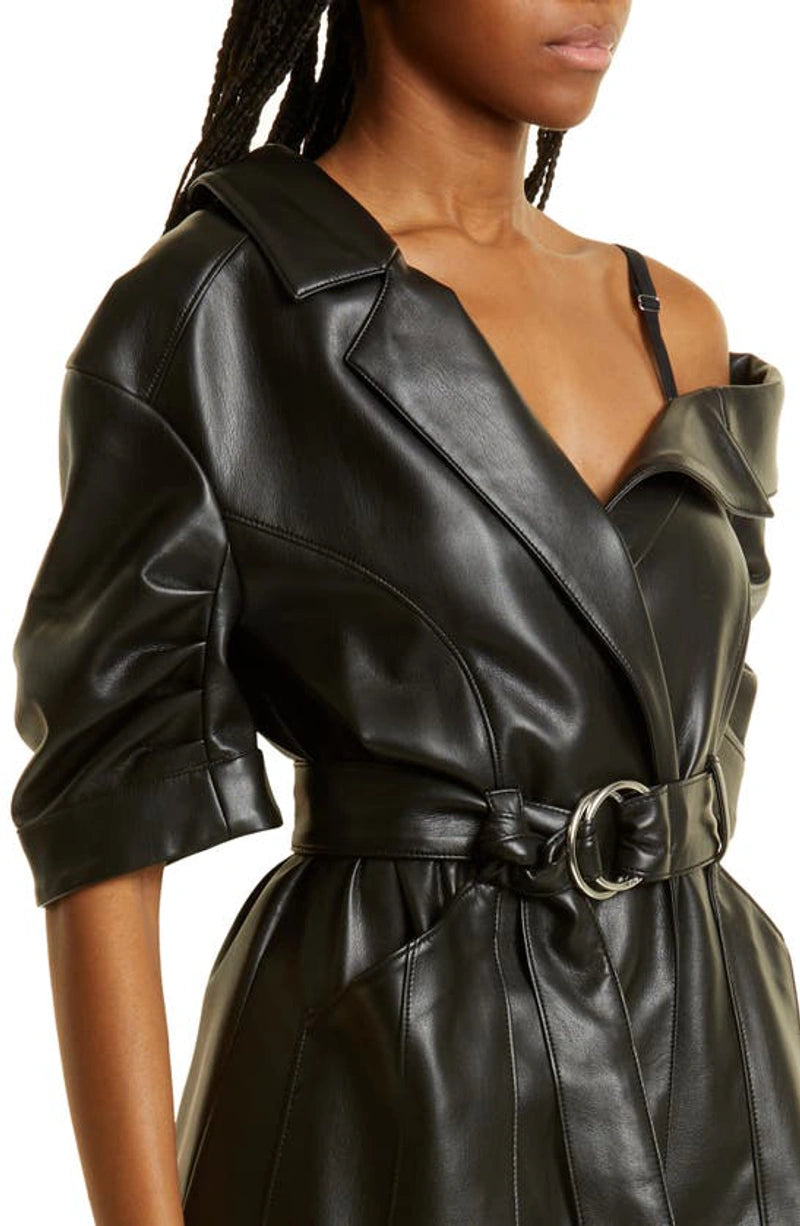 CINQ À SEPT Katie One-shoulder Belted Faux Leather Minidress