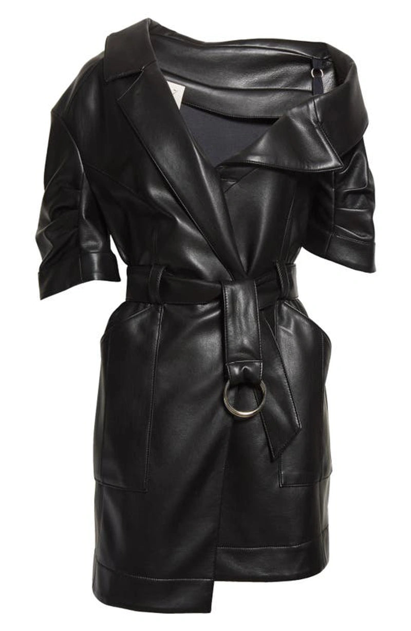 CINQ À SEPT Katie One-shoulder Belted Faux Leather Minidress