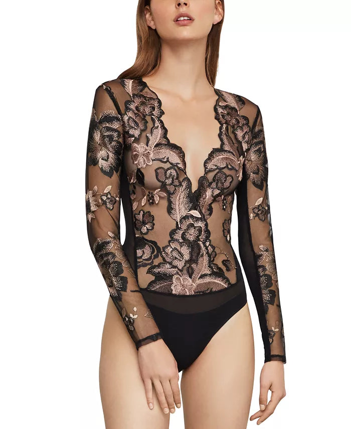 BCBGMAXAZRIA Sheer Embroidered Mesh Bodysuit