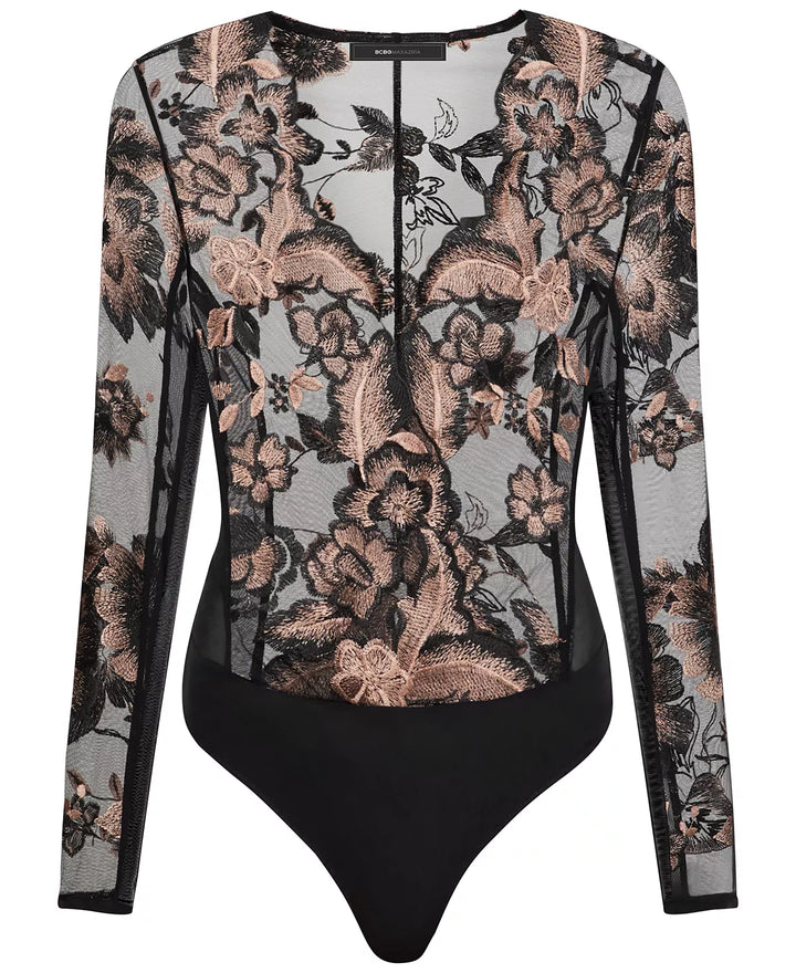 BCBGMAXAZRIA Sheer Embroidered Mesh Bodysuit