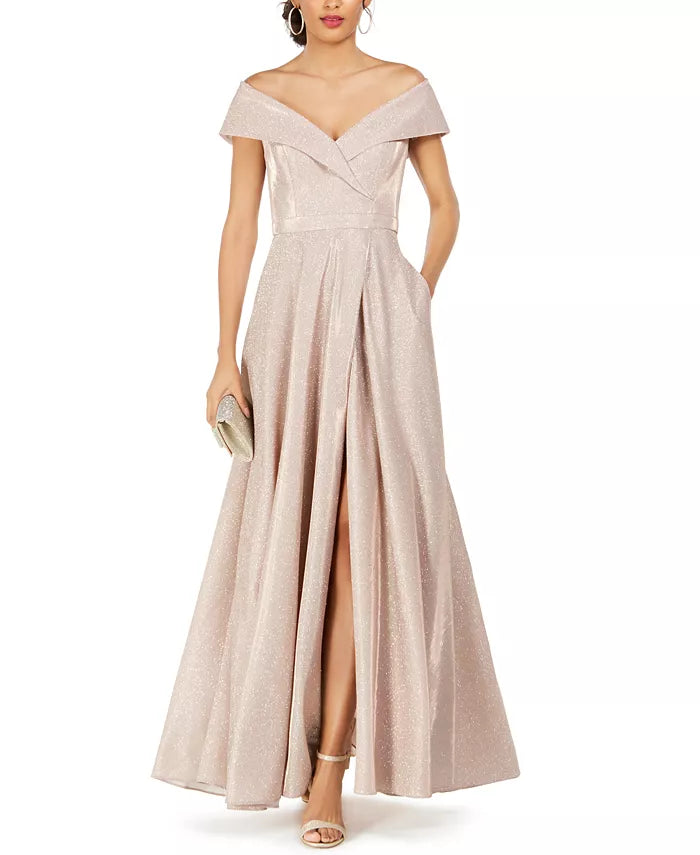 XSCAPE Off-the-Shoulder Glitter Gown