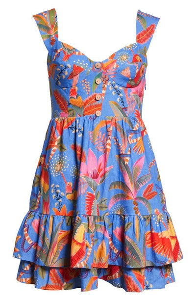FARM Rio Macaw Party Tiered Linen Blend Fit & Flare Minidress