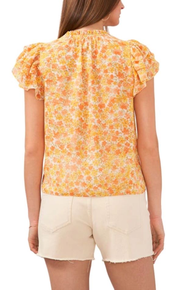 1.STATE Flutter Sleeve Tie Neck Floral Top