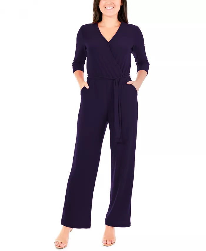 NY Collection Petite 3/4 Sleeve Belted Wide Leg Jumpsuit