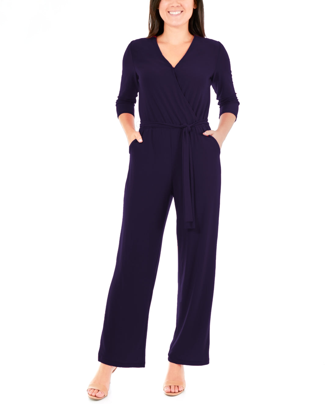NY Collection 3/4 Sleeve Belted Wide Leg Jumpsuit