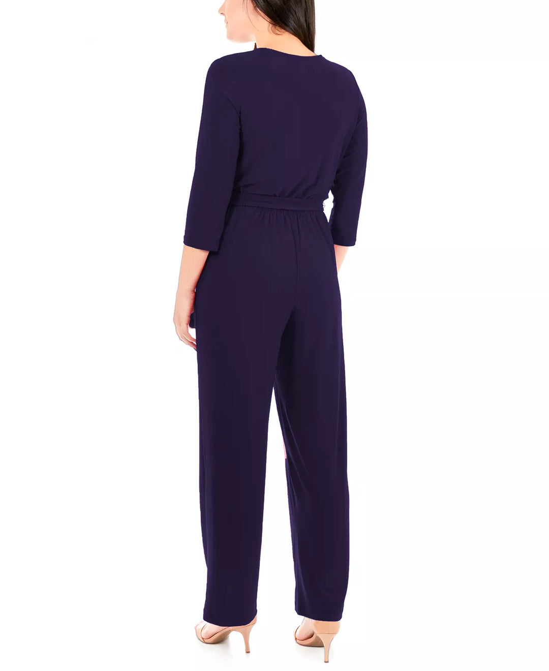 NY Collection Petite 3/4 Sleeve Belted Wide Leg Jumpsuit