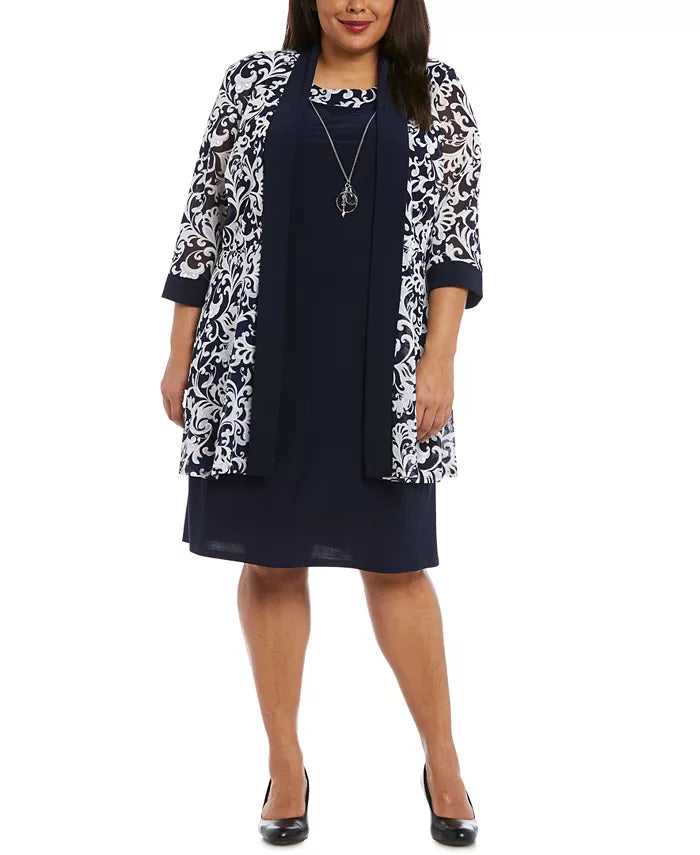 R & M Richards Petie & Plus Size Necklace Dress & Printed Jacket