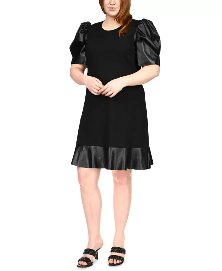 MICHAEL Michael Kors Plus Size Faux Leather Puff-Sleeve Dress