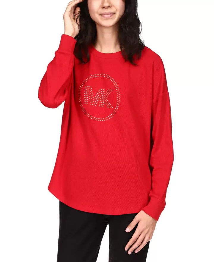 Michael Kors Women's Rhinestone-Logo Waffle-Knit Top