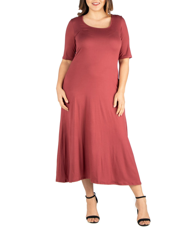 24seven Comfort Apparel Plus Size Elbow Length Sleeve Maxi Dress