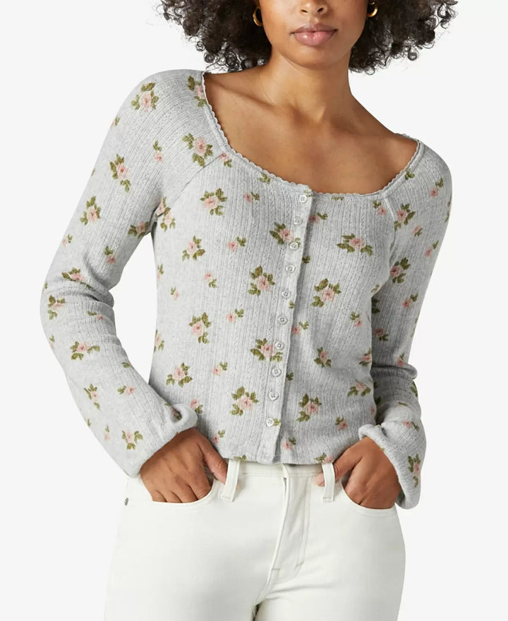 Lucky Brand Printed Pointelle Button-Front Top