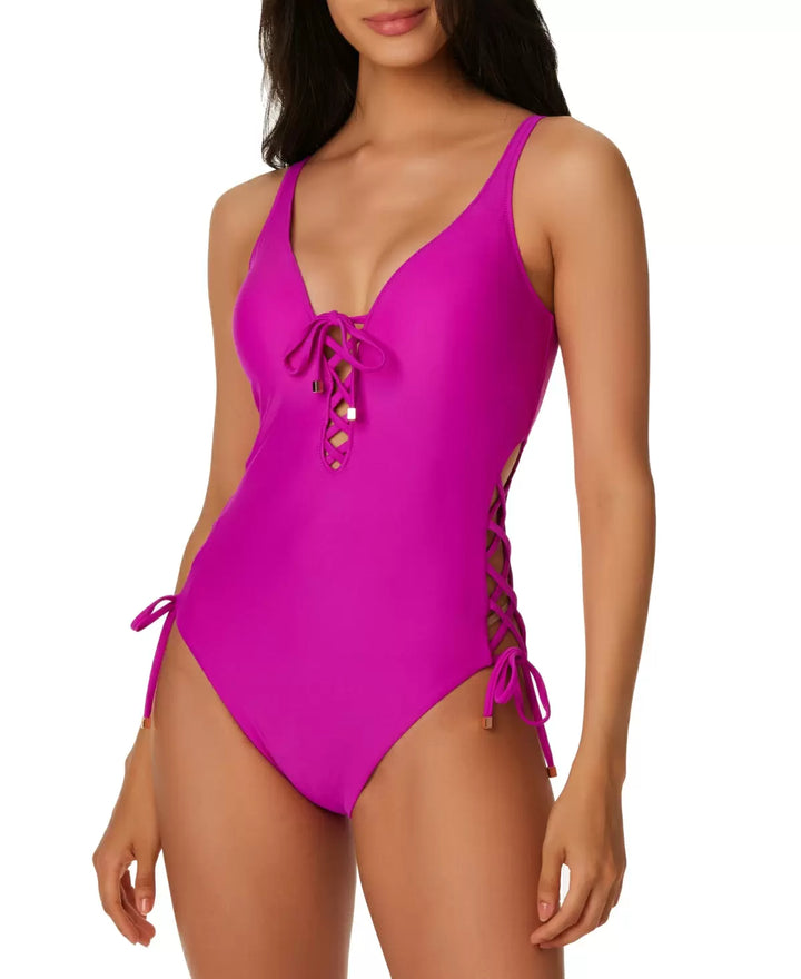 Bar III Summer Solids Lace-Up One-Piece Swimsuit