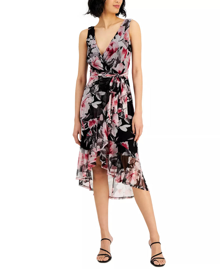 Connected Floral-Print Ruffled Faux-Wrap Dress