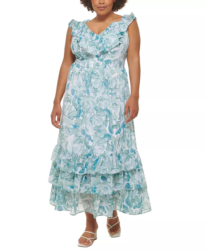 Calvin Klein Plus Size Chiffon Ruffle V-Neck Tiered Maxi Dress