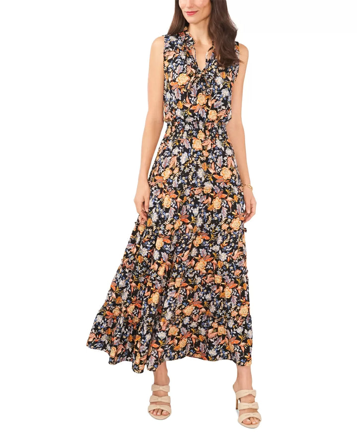 MSK Floral-Print Smocked-Waist Tiered Maxi Dress