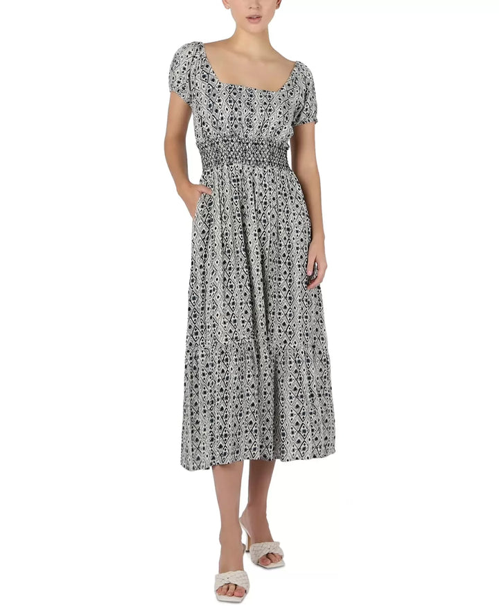 Black Tape Smocked Ruffled-Hem Dress