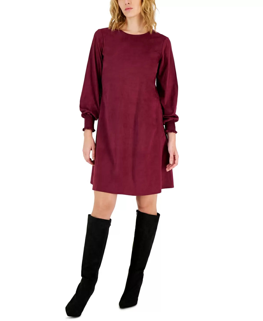 Anne Klein Faux-Suede Long-Sleeve A-Line Dress