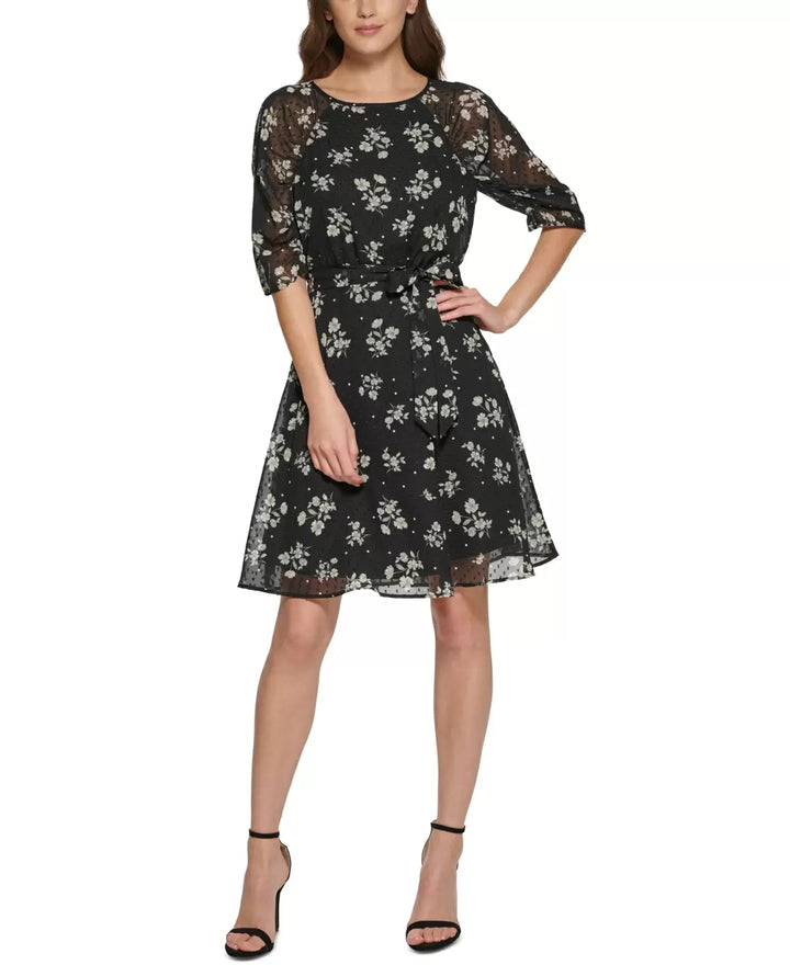 DKNY Petite Floral Clip-Dot Chiffon Tie-Belted Dress