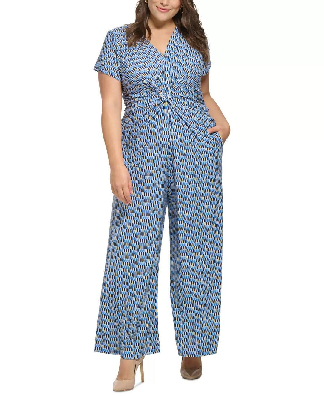 Vince Camuto Plus Size Geo-Print Twist-Front Jumpsuit