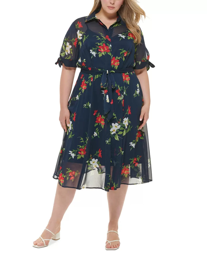 Calvin Klein Plus Size Tie-Sleeve Shirtdress