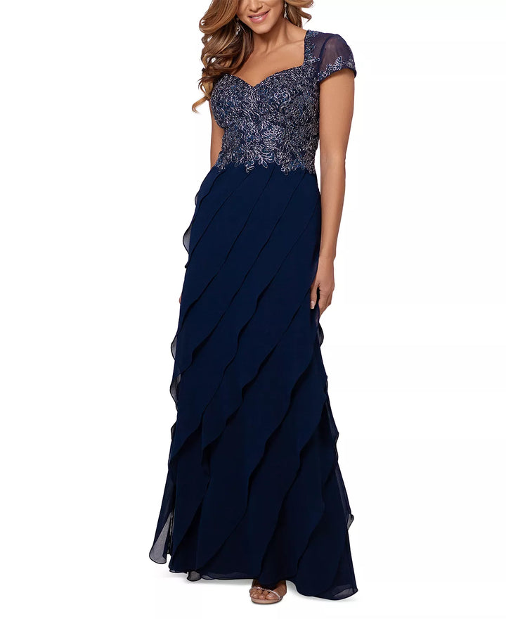 XSCAPE Embroidered-Bodice Ruffled-Skirt Gown