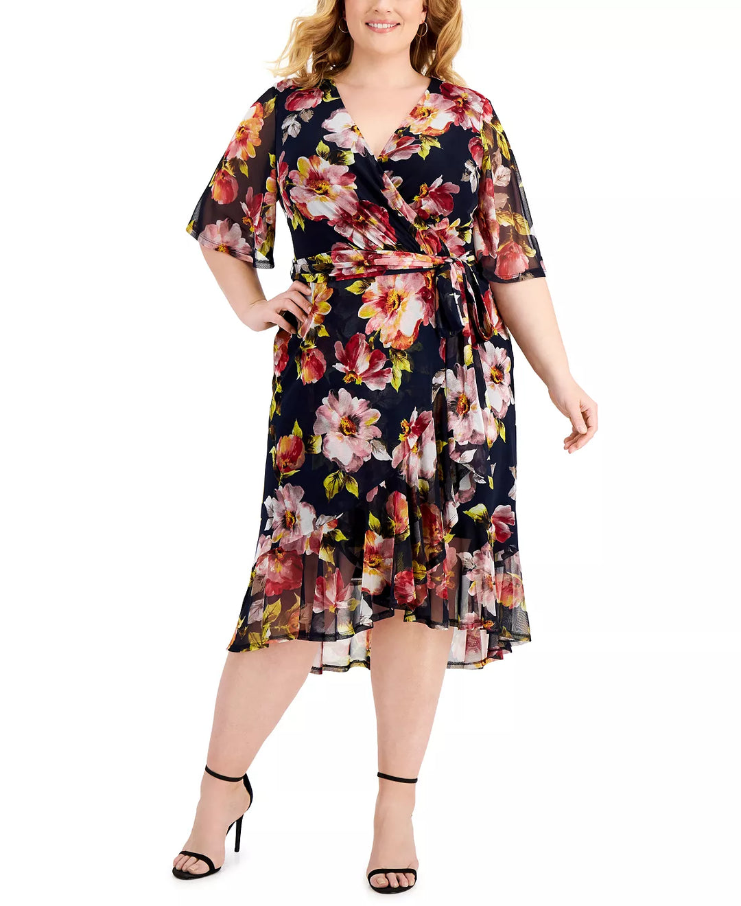 Connected Plus Size Floral High-Low Faux-Wrap Dress