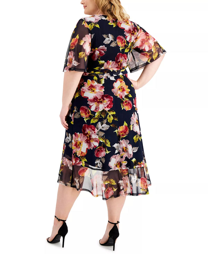 Connected Plus Size Floral High-Low Faux-Wrap Dress