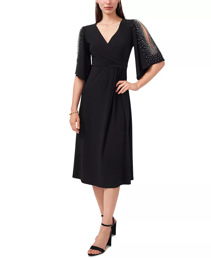 MSK V-Neck Beaded-Sleeve Midi Dress DGFOutlet MSK V-Neck Beaded-Sleeve Midi Dress DGFOutlet