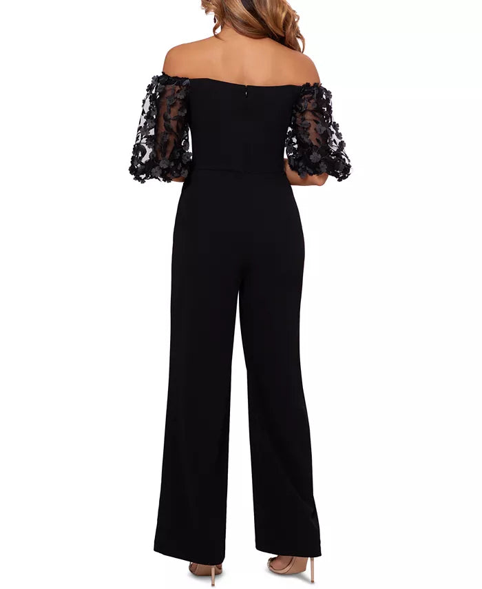 XSCAPE Floral-Sleeve Off-The-Shoulder Jumpsuit