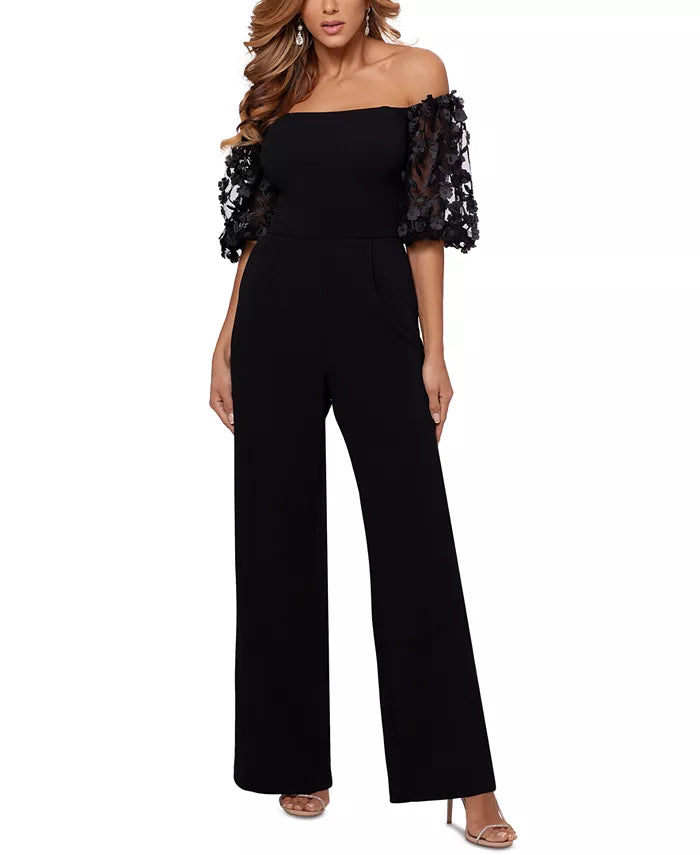 XSCAPE Floral-Sleeve Off-The-Shoulder Jumpsuit