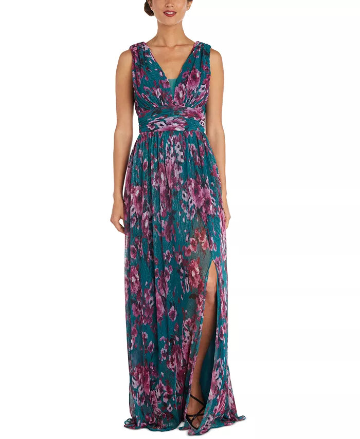 Nightway Floral-Print Pleated Gown