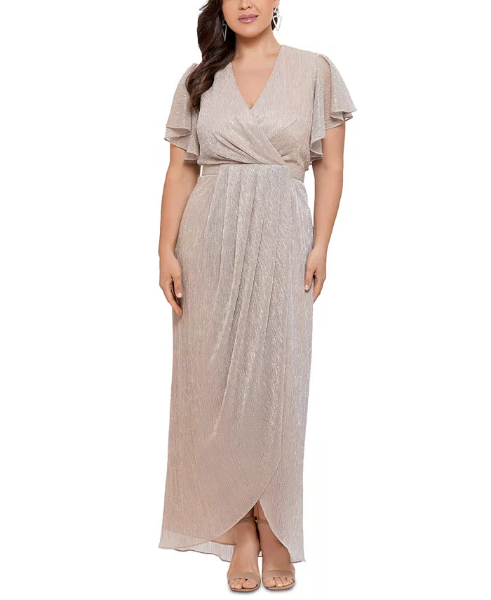 Betsy & Adam Crinkled Metallic Wrap Style Gown