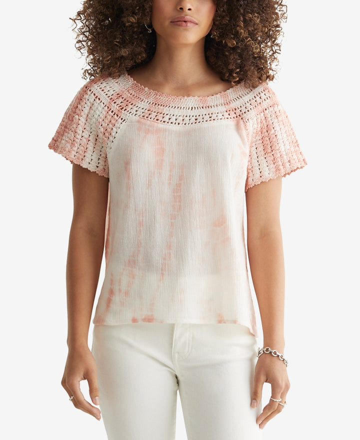 Lucky Brand Cotton Crochet-Neck Textured Top
