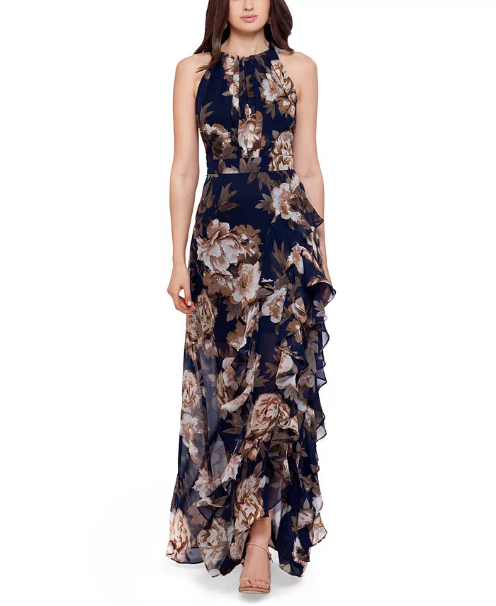 Betsy & Adam Ruffle-Trim Halter Gown