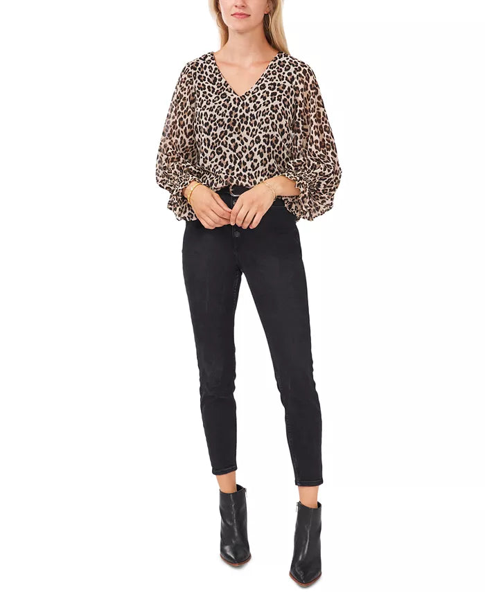 Vince Camuto Leopard Print Smocked Cuff Top