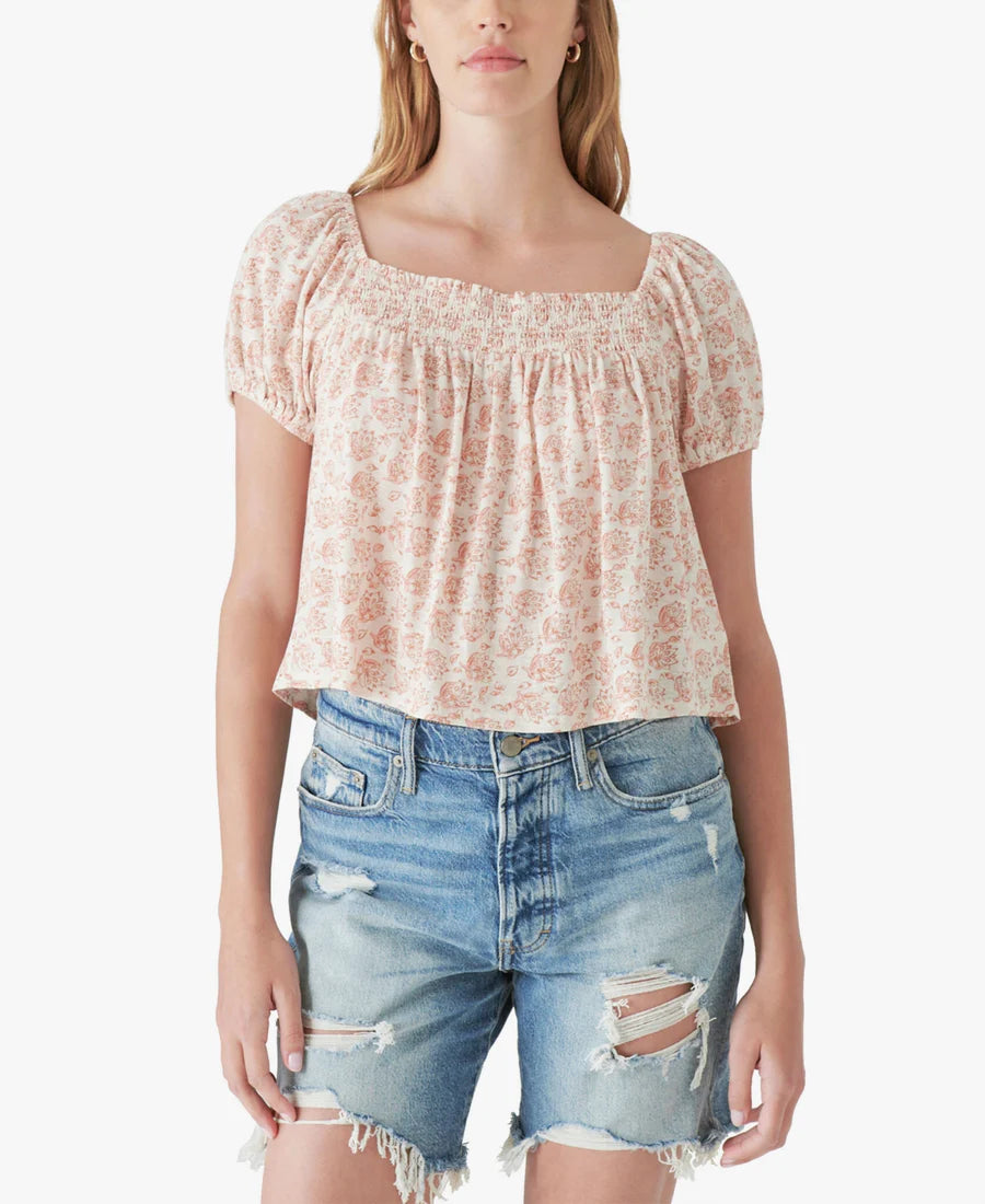 Lucky Brand Square Neck Floral Print Cotton Blend Top