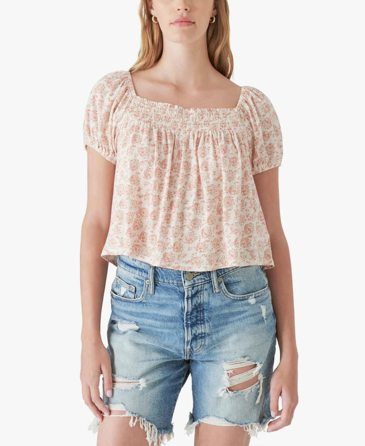 Lucky Brand Square Neck Floral Print Cotton Blend Top