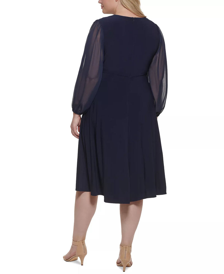 Jessica Howard Plus Size Chiffon-Sleeve Midi Dress