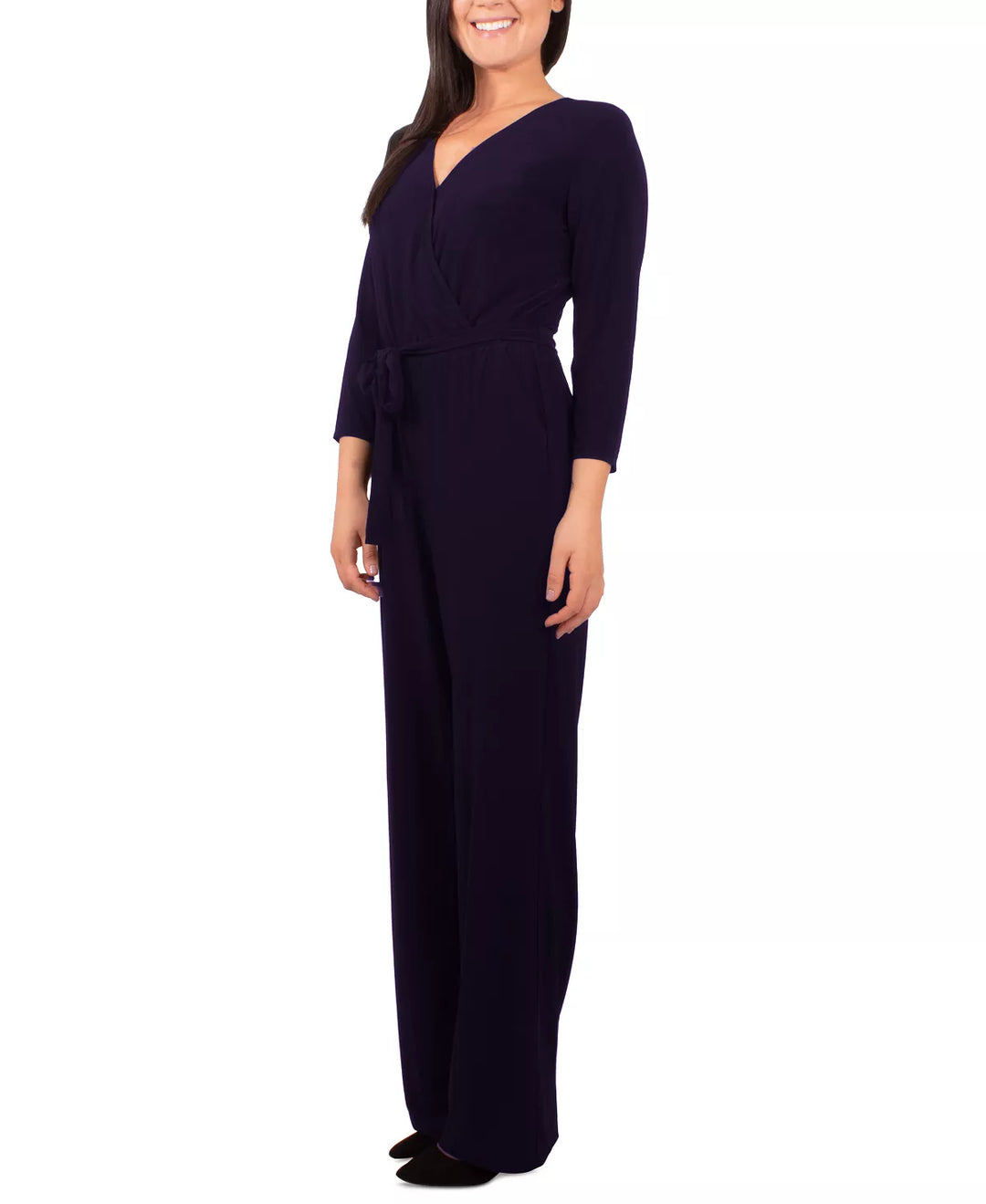 NY Collection Petite 3/4 Sleeve Belted Wide Leg Jumpsuit
