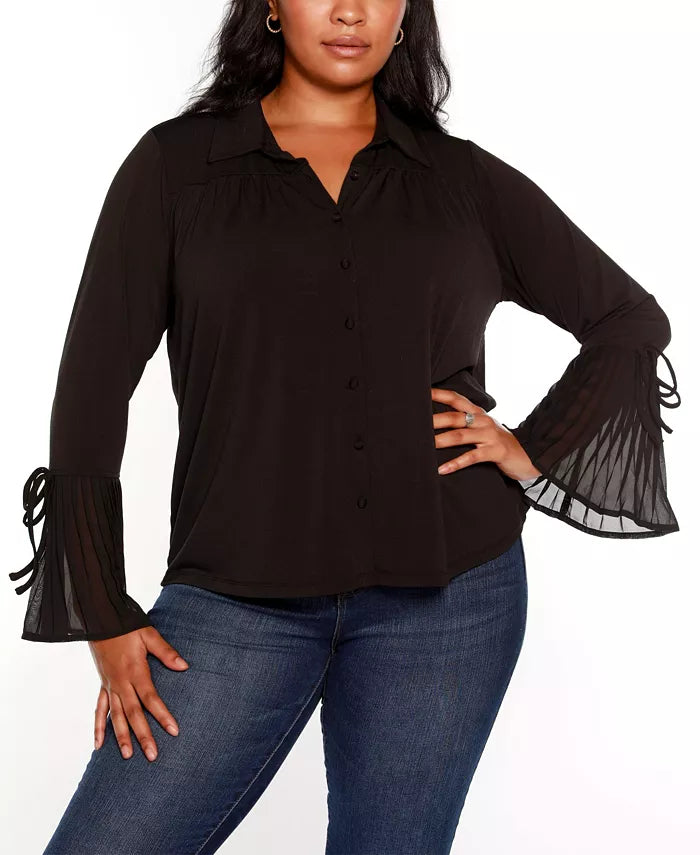 Belldini Plus Size Bell Sleeve Button Front Blouse