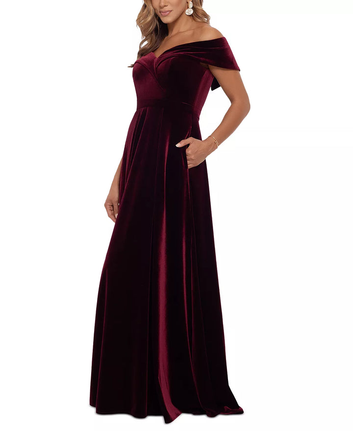 XSCAPE Petite Off-The-Shoulder Velvet Fit & Flare Gown