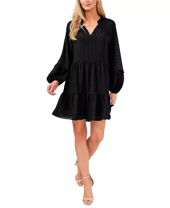 CeCe Long Sleeve V-Neck Ruffled Clip-Dot Dress