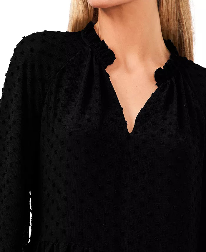 CeCe Long Sleeve V-Neck Ruffled Clip-Dot Dress