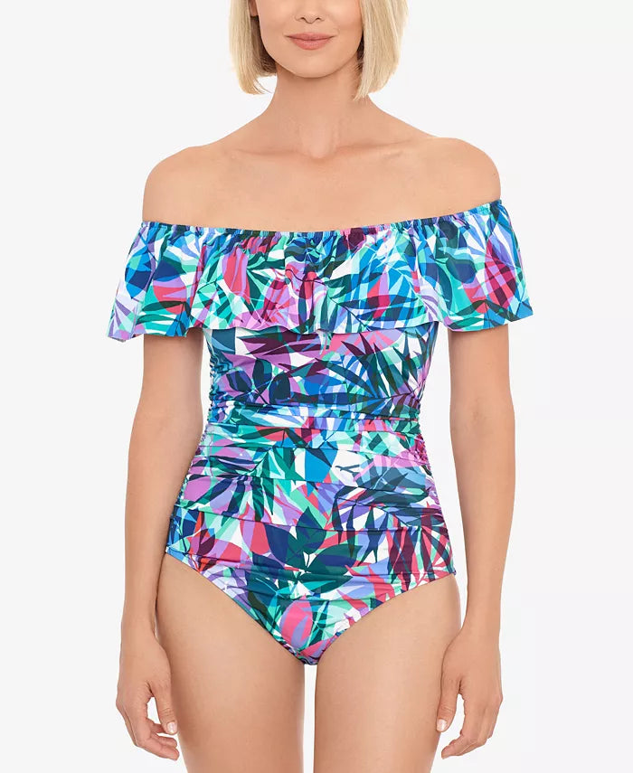 Swim Solutions Off-The-Shoulder Tummy-Control One-Piece Swimsuit